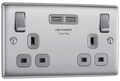 BG NBS22U3G Nexus Metal Brushed Steel 2 Gang 13A 2x USB-A 3.1A Switched Socket - Grey Insert