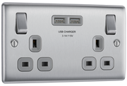 BG NBS22U3G Nexus Metal Brushed Steel 2 Gang 13A 2x USB-A 3.1A Switched Socket - Grey Insert by British General (BG-NBS22U3G-Shopify-SA_1)
