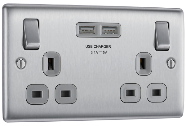 NBS22U3G Front - This 13A double power socket from British General comes with two USB charging ports, allowing you to plug in an electrical device and charge mobile devices simultaneously without having to sacrifice a power socket.