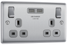 BG NBS22U3G Nexus Metal Brushed Steel 2 Gang 13A 2x USB-A 3.1A Switched Socket - Grey Insert by British General (BG-NBS22U3G-Shopify-SA_1)