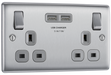 NBS22U3G Front - This 13A double power socket from British General comes with two USB charging ports, allowing you to plug in an electrical device and charge mobile devices simultaneously without having to sacrifice a power socket.