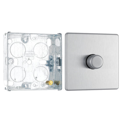 BG Screwless Brushed Steel 200W 2 Way Single Trailing Edge Dimmer Switch FBS81 with 25mm Steel Back Box by British General (BG-FBS81+HGS02)