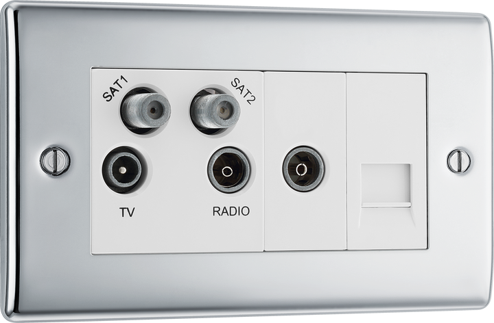 NPC69 Front - This screened Quadplex socket from British General has an outlet for TV FM and 2 satellites, plus a return and shuttered telephone socket.