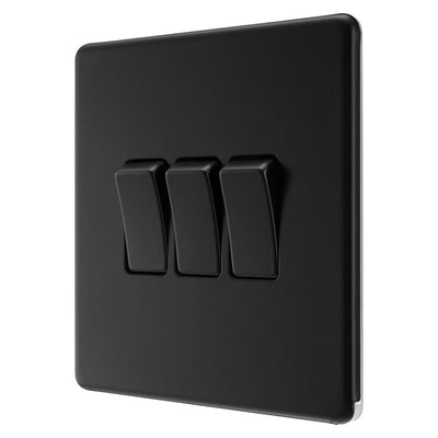 BG Screwless Matt Black 20A 16AX 2 Way Triple Light Switch FFB43 with 25mm Steel Back Box