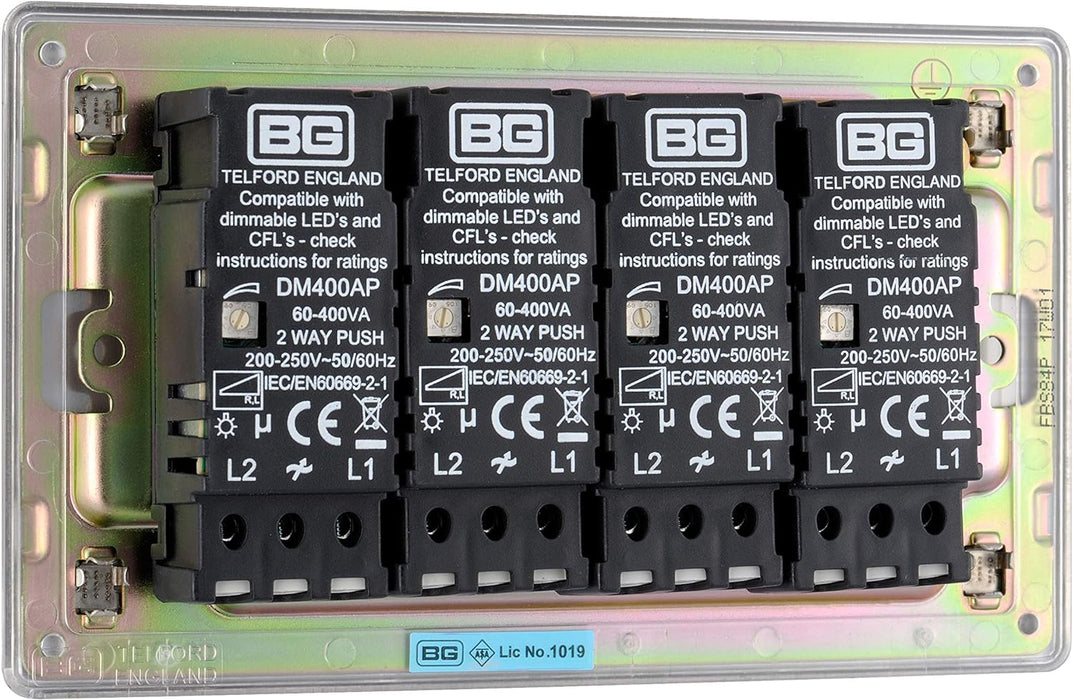 BG FBS84P Flatplate Screwless 4 Gang, 2 Way, 400w Brushed Steel Dimmer Switches