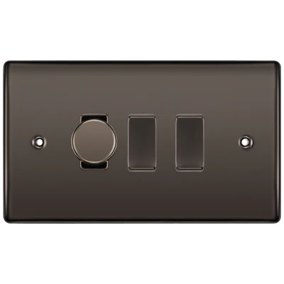 BG Nexus Black Nickel 3 Gang Switch 1x Trailing Edge LED Dimmer 2x Intermediate Custom Grid Switch