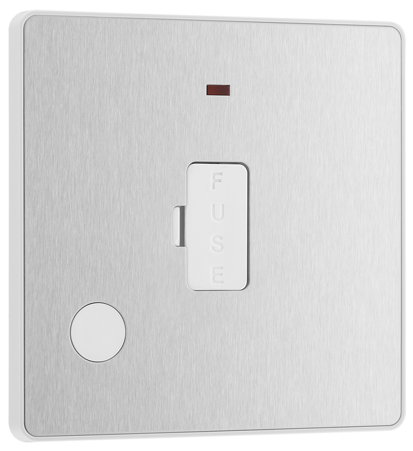 PCDBS54W Front - This Evolve Brushed Steel 13A fused and unswitched connection unit from British General provides an outlet from the mains containing the fuse, ideal for spur circuits and hardwired appliances.