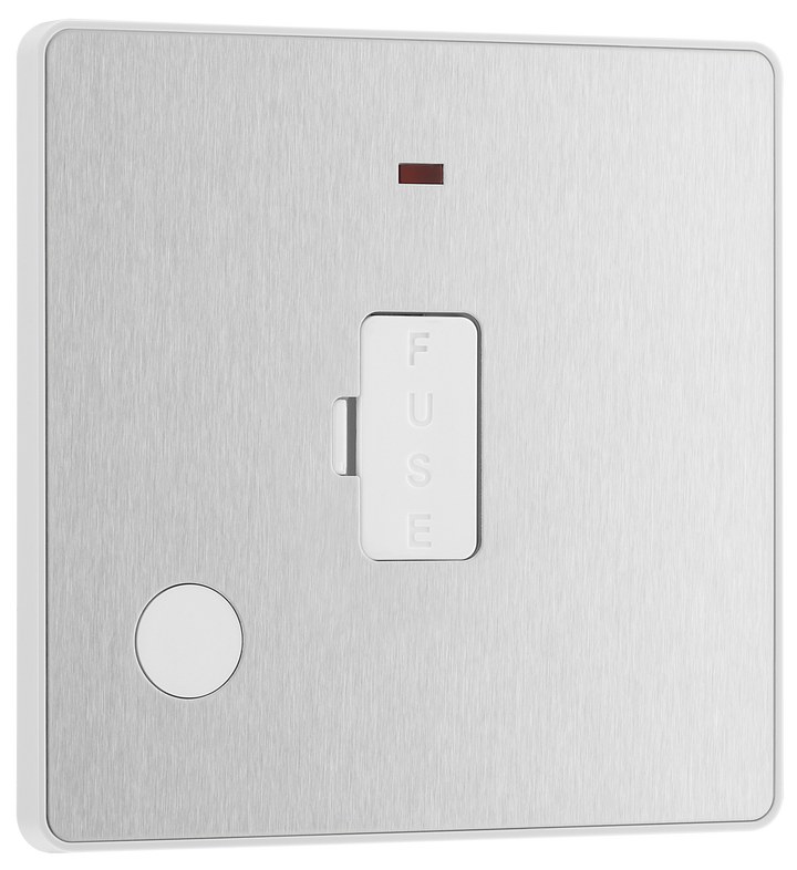 PCDBS54W Front - This Evolve Brushed Steel 13A fused and unswitched connection unit from British General provides an outlet from the mains containing the fuse, ideal for spur circuits and hardwired appliances.