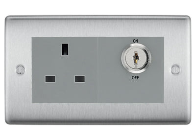 BG Nexus Brushed Steel 13A Double Pole Key Controlled Socket – Grey Inserts by British General (BG-NBSKYSWSG)