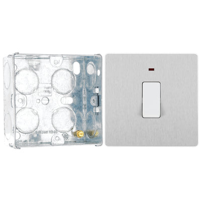 BG Evolve Brushed Steel 20A Double Pole Switch with Neon PCDBS31W with 35mm Steel Back Box