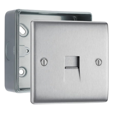 BG Nexus Brushed Steel 1 Gang Master Telephone Socket with Surface Pattress Back Box by British General (BG-NBSBTM1+MC501)
