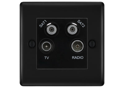 BG Nexus Matt Black TV/FM/2x SAT Quadplex Socket – Black Insert by British General (BG-NFBTVFMSAT2B)