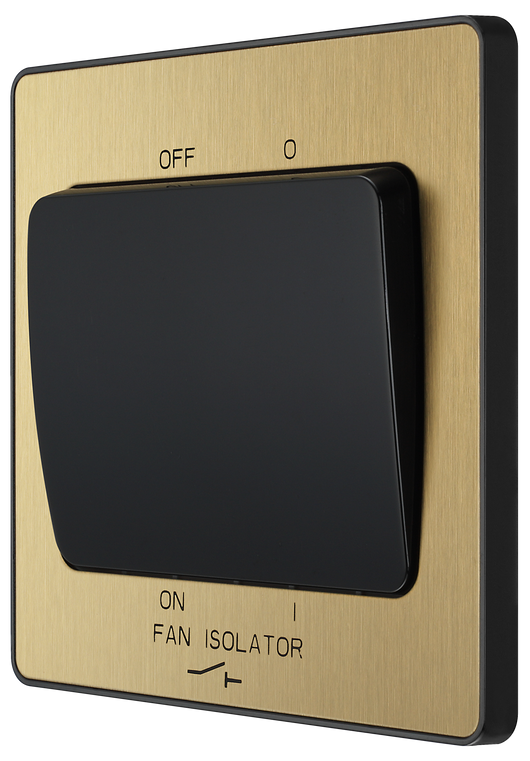 PCDSB15B Front - This Evolve Satin Brass 10A triple pole fan isolator switch from British General provides a safe and simple method of isolating mechanical fan units. This switch has a low profile screwless flat plate that clips on and off, making it ideal for modern interiors.