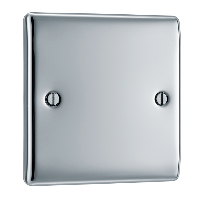 NPC94 Front - This premium polished chrome finish single blank plate from British General is ideal for covering unused electrical connections and has a sleek and slim profile, with softly rounded edges to add a touch of luxury to your decor.