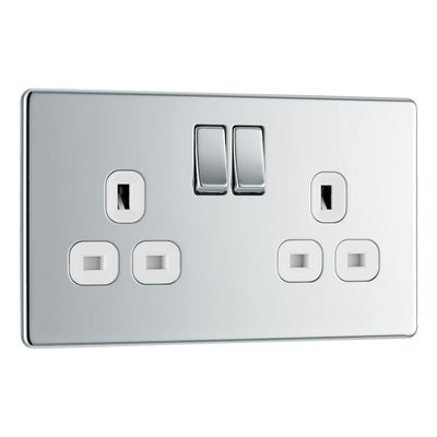 BG Screwless Polished Chrome 13A Double Switched Socket FPC22W with 35mm Steel Back Box