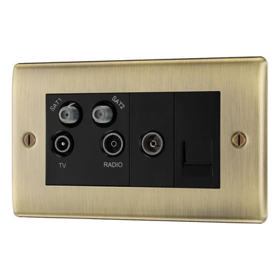 BG Nexus Antique Brass Quadplex TV FM SAT (x2) NAB69 with 35mm Steel Back Box