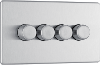 BG Electrical FBS84 Nexus Flatplate Screwless Brushed Steel 4 Gang 200W 2 Way Trailing-Edge Push Dimmer Switch by British General (BG-FBS84-Shopify-SA_1)