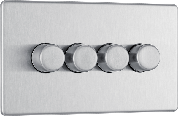 FBS84 Front - This trailing edge quadruple dimmer switch from British General allows you to control your light levels and set the mood. The intelligent electronic circuit monitors the connected load and provides a soft-start with protection against thermal.