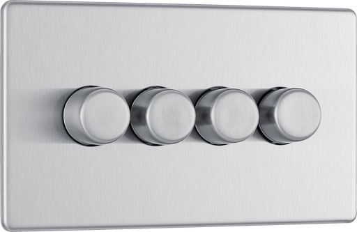 FBS84 Front - This trailing edge quadruple dimmer switch from British General allows you to control your light levels and set the mood. The intelligent electronic circuit monitors the connected load and provides a soft-start with protection against thermal.