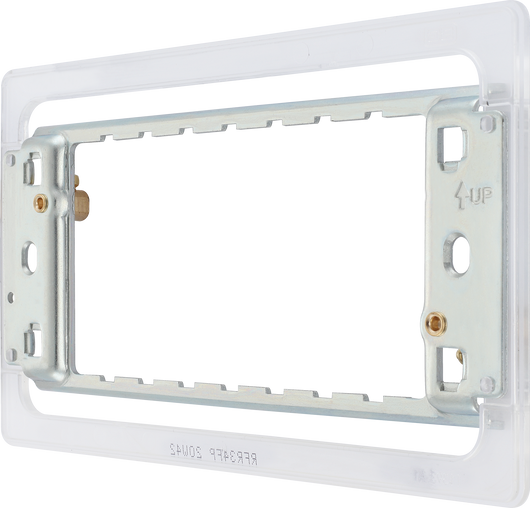 RFR34FP Side - The Grid modular range from British General allows you to build your own module configuration with a variety of combinations and finishes. This universal frame is suitable for installation of Grid screwless flatplates that fit 3 or 4 Grid modules. This frame has a fixed integrated plastic gasket to protect metal edges …