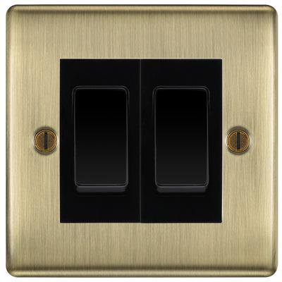 BG Nexus Antique Brass 2-Gang Light Switch 1x 2-Way + 1x Intermediate – Black Inserts