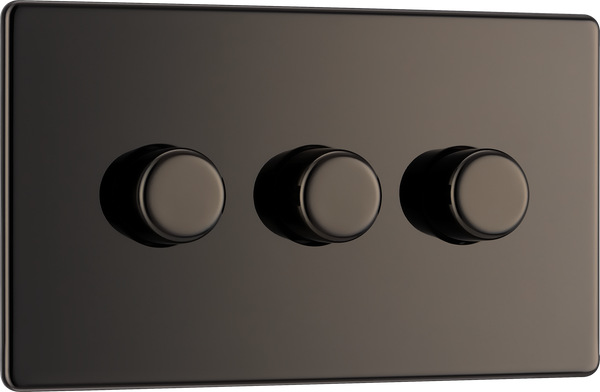 FBN83 Front -This trailing edge triple dimmer switch from British General allows you to control your light levels and set the mood. The intelligent electronic circuit monitors the connected load and provides a soft-start with protection against thermal, current and voltage overload.