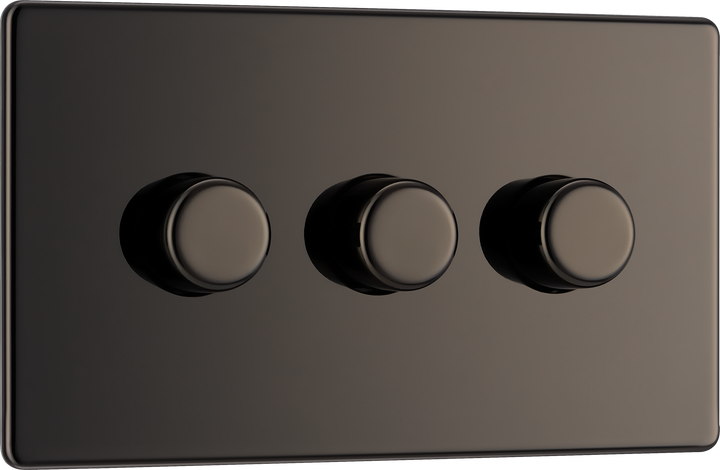 FBN83 Front -This trailing edge triple dimmer switch from British General allows you to control your light levels and set the mood. The intelligent electronic circuit monitors the connected load and provides a soft-start with protection against thermal, current and voltage overload.