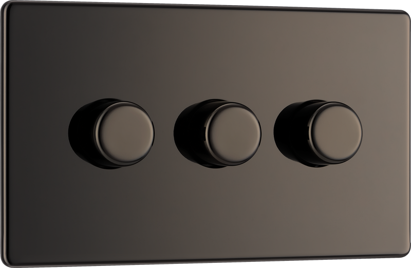 BG Electrical FBN83 Nexus Flatplate Screwless Black Nickel 3 Gang 200W 2 Way Trailing-Edge Push Dimmer Switch