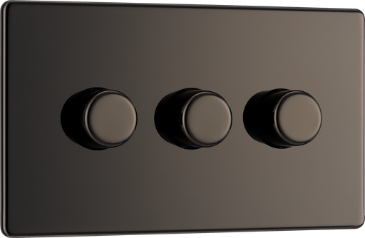 FBN83 Front -This trailing edge triple dimmer switch from British General allows you to control your light levels and set the mood. The intelligent electronic circuit monitors the connected load and provides a soft-start with protection against thermal, current and voltage overload.