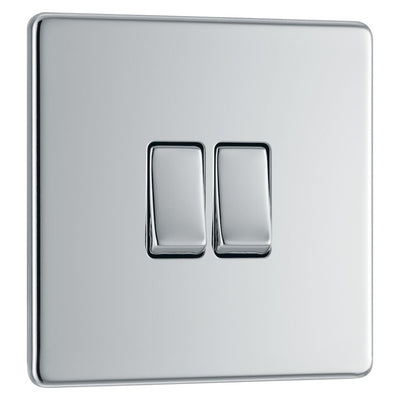 BG Screwless Polished Chrome 20A 16AX 2 Way Double Light Switch FPC42 with 25mm Steel Back Box