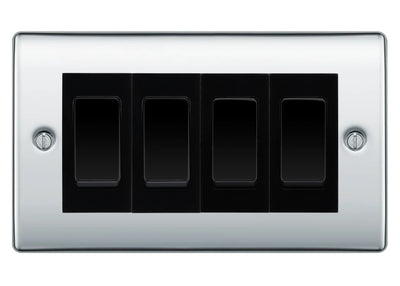 BG Nexus Polished Chrome 4 Gang Intermediate Light Switch Custom Grid - Black Insert