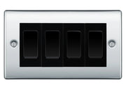 BG Nexus Polished Chrome 4 Gang Intermediate Light Switch Custom Grid - Black Insert by British General (BG-Nexus-PC-4G-Combo-4x INT-BL)