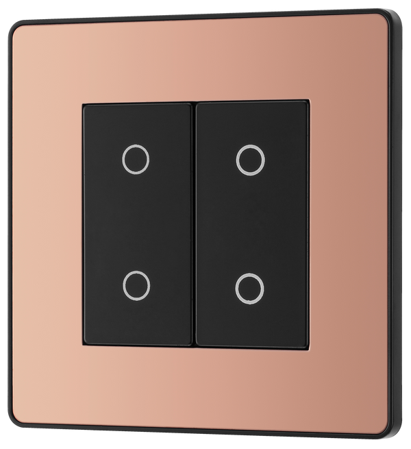 PCDCPTDM2B Front - This Evolve Polished Copper double master trailing edge touch dimmer allows you to control your light levels and set the mood.