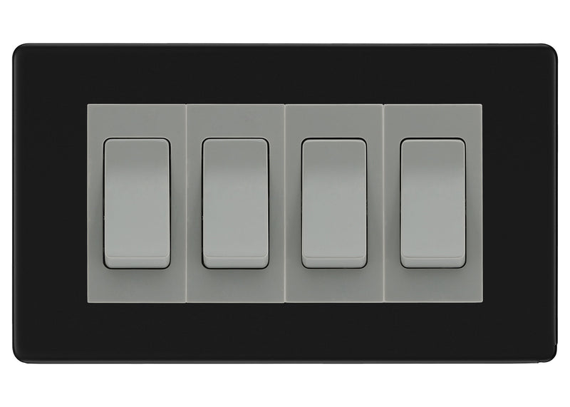 BG Electrical Screwless Matt Black 4-Gang Light Switch 1x 2-Way + 3x Intermediate – Grey Insert