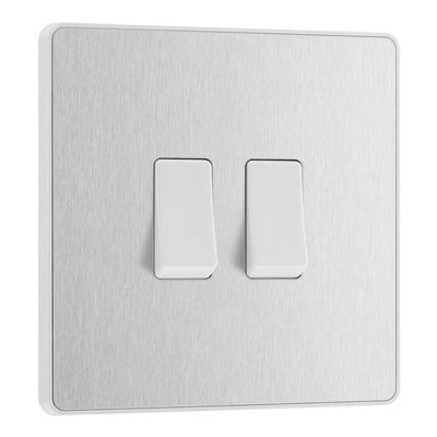 BG Evolve Brushed Steel 2 Gang 20A 16AX 2 Way Light Switch PCDBS42W with 35mm Steel Back Box