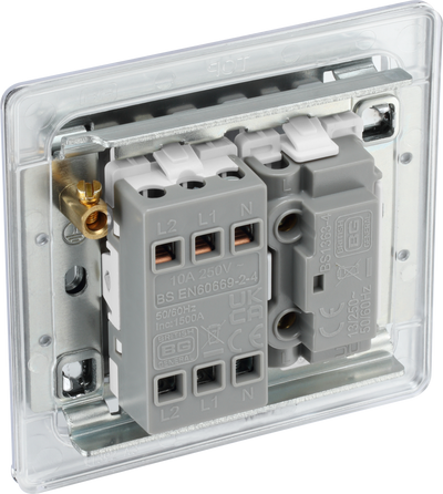 FPC15F Back - This Screwless Flatplate 10A triple pole fan isolator switch from British General has a separate fuse carrier and provides a safe and simple method of isolating mechanical fan units. The polished chrome finish frontplate clips on and off and sits flush against the wall, making it ideal for modern interiors.