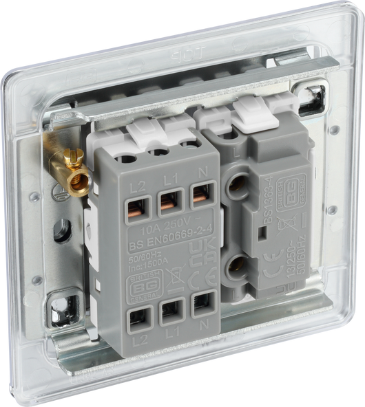 FPC15F Back - This Screwless Flatplate 10A triple pole fan isolator switch from British General has a separate fuse carrier and provides a safe and simple method of isolating mechanical fan units. The polished chrome finish frontplate clips on and off and sits flush against the wall, making it ideal for modern interiors.