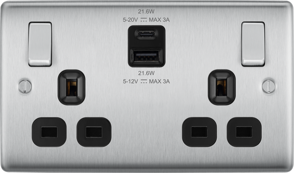 BG NBS22UAC22B Brushed Steel Double Socket with USB 22W Type A & C USB Black Inserts