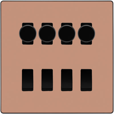 BG Evolve Polished Copper 8 Gang Switch 4x Trailing Edge LED Dimmer 4x Intermediate Custom Grid Switch