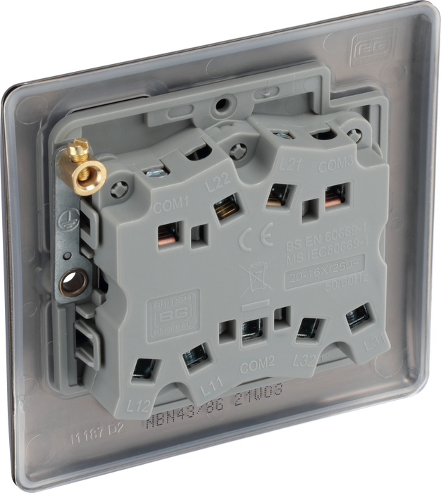 NBN43 Back - This black nickel finish 20A 16AX triple light switch from British General can operate 3 different lights whilst the 2 way switching allows a second switch to be added to the circuit to operate the same light from another location (e.g. at the top and bottom of the stairs).