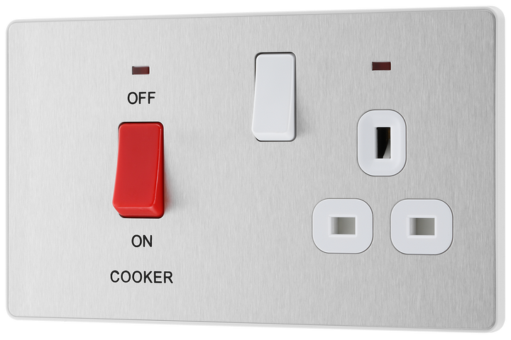 PCDBS70W Front - This Evolve Brushed Steel 45A cooker control unit from British General includes a 13A socket for an additional appliance outlet, and has flush LED indicators above the socket and switch.