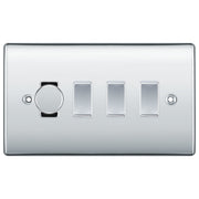 BG Polished Chrome 4 Gang Light Switch 1x Trailing Edge LED Dimmer 3x 2 Way Custom Switch by British General (NEXUS-PC-4G-CUSTOM-1x-DIMMER-3x-2Way)