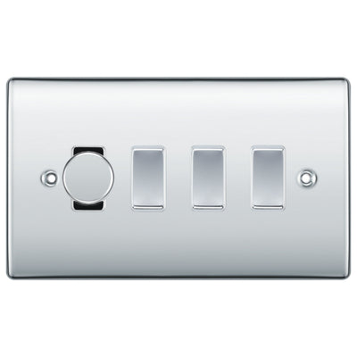 BG Polished Chrome 4 Gang Light Switch 1x Trailing Edge LED Dimmer 3x 2 Way Custom Switch by British General (NEXUS-PC-4G-CUSTOM-1x-DIMMER-3x-2Way)