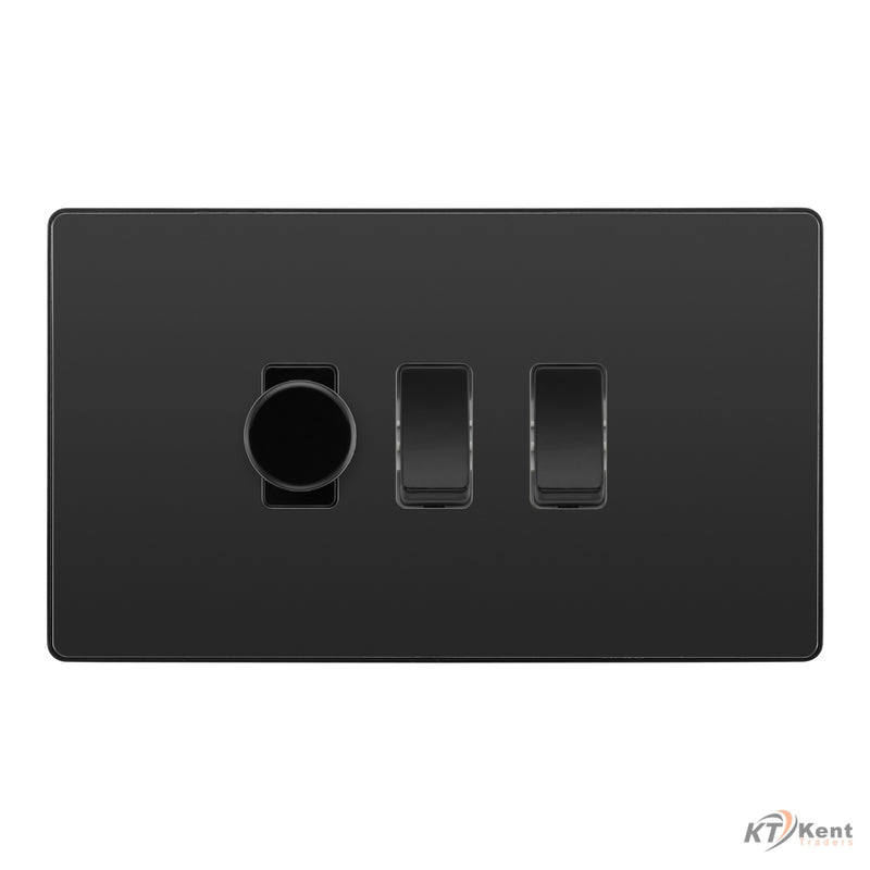 BG Evolve Black Chrome 3 Gang Light Switch 1x Trailing Edge LED Dimmer 2x 2 Way Custom Switch