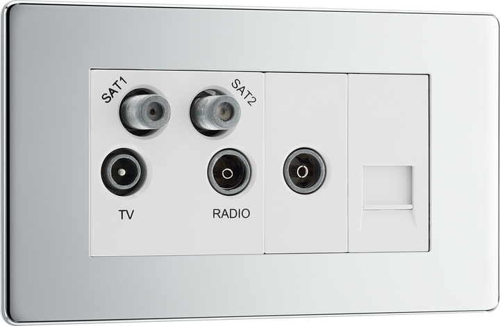 FPC69 Front - This screened Quadplex socket from General has an outlet for TV FM and 2 satellites, plus a return British and shuttered telephone socket.