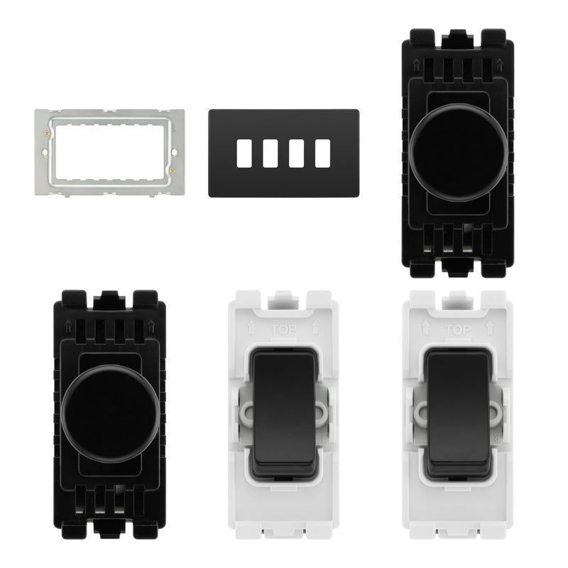 BG Evolve Black Chrome 4 Gang Light Switch Grid – 2x Dual Mode LED Dimmer, 1x Intermediate, 1x 2-Way Switch - Supplied as Separate Grid Parts (Assembly Needed)