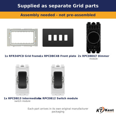 BG Evolve Black Chrome 4 Gang Light Switch Grid – 2x Dual Mode LED Dimmer, 1x Intermediate, 1x 2-Way Switch - Supplied as Separate Grid Parts (Assembly Needed)