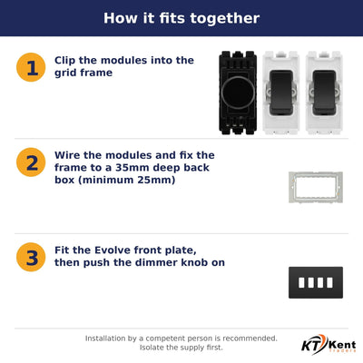 BG Evolve Black Chrome 4 Gang Light Switch Grid – 2x Dual Mode LED Dimmer, 1x Intermediate, 1x 2-Way Switch - Supplied as Separate Grid Parts (Assembly Needed)