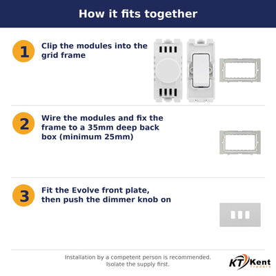 BG Evolve Brushed Steel 3 Gang Switch 1x Dual Mode LED Dimmer 2x Intermediate Custom Grid Switch - Supplied as Separate Grid Parts (Assembly Needed)