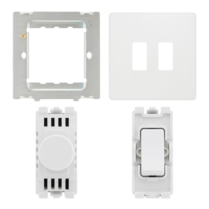 BG Evolve Pearlescent White 2 Gang Switch 1x Dual Mode LED Dimmer 1x Intermediate Grid Switch - Supplied as Separate Grid Parts (Assembly Needed)